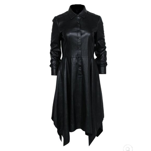 BCBGMaxAzria Dresses & Skirts - BCBG Maxazria Black Faux Leather Dress Womens S Dark Goth Collared Shirt Dress